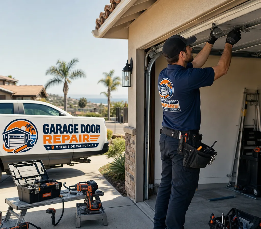 Local technician repairing springs, rollers, and track alignment on a residential garage door in Oceanside