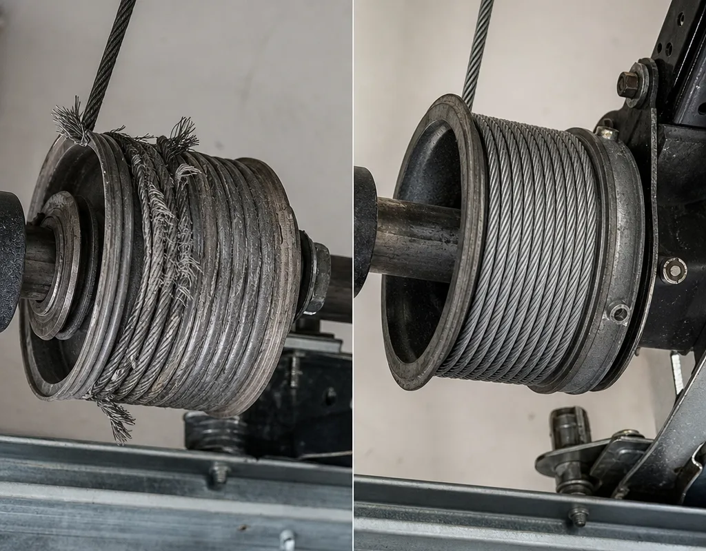 Before and after view of a frayed garage door lift cable replaced and properly seated on the cable drum