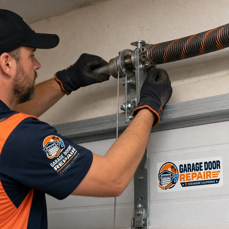 Technician checking set screws and cable condition on a garage door torsion spring, center bearing plate, cable drum, and lift cable