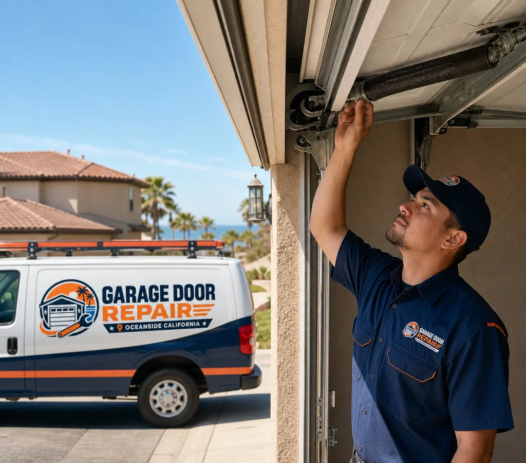 Technician inspecting the torsion spring, rollers, and tracks of a residential sectional garage door at an Oceanside stucco home