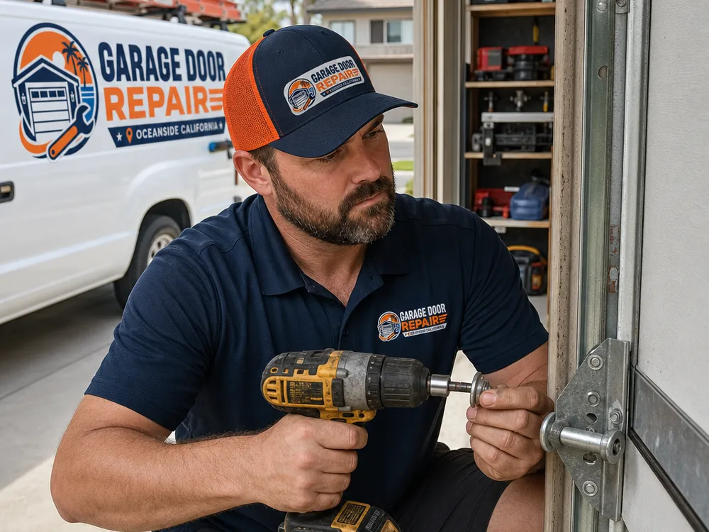 Technician replacing a worn nylon garage door roller at a secured hinge point