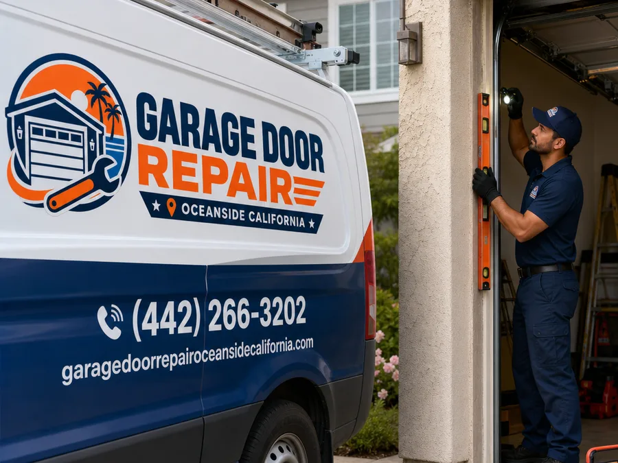 Technician inspecting garage door tracks and rollers with a level and flashlight