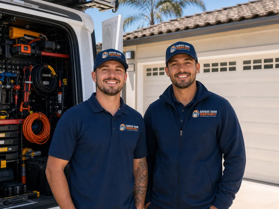 Two-person Oceanside garage door repair crew beside an organized service vehicle